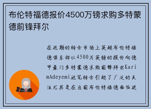 布伦特福德报价4500万镑求购多特蒙德前锋拜尔